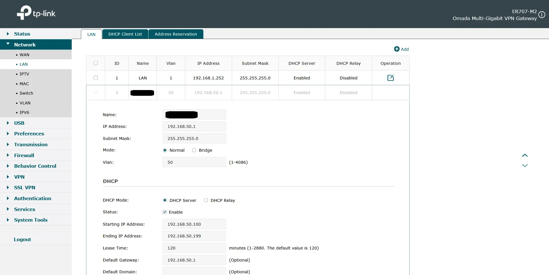 TP-Link ER707-M2 LAN configuration showing VLAN 50 and its DHCP settings