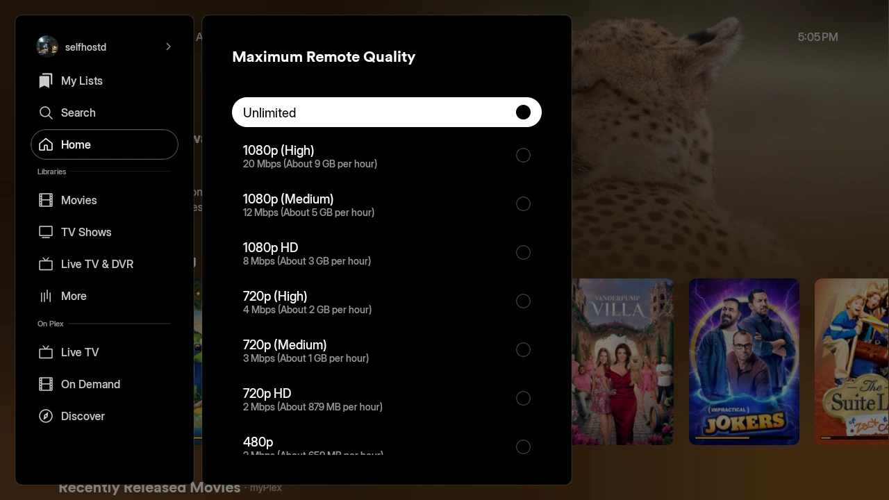 Plex Video settings showing Remote Quality set to Original