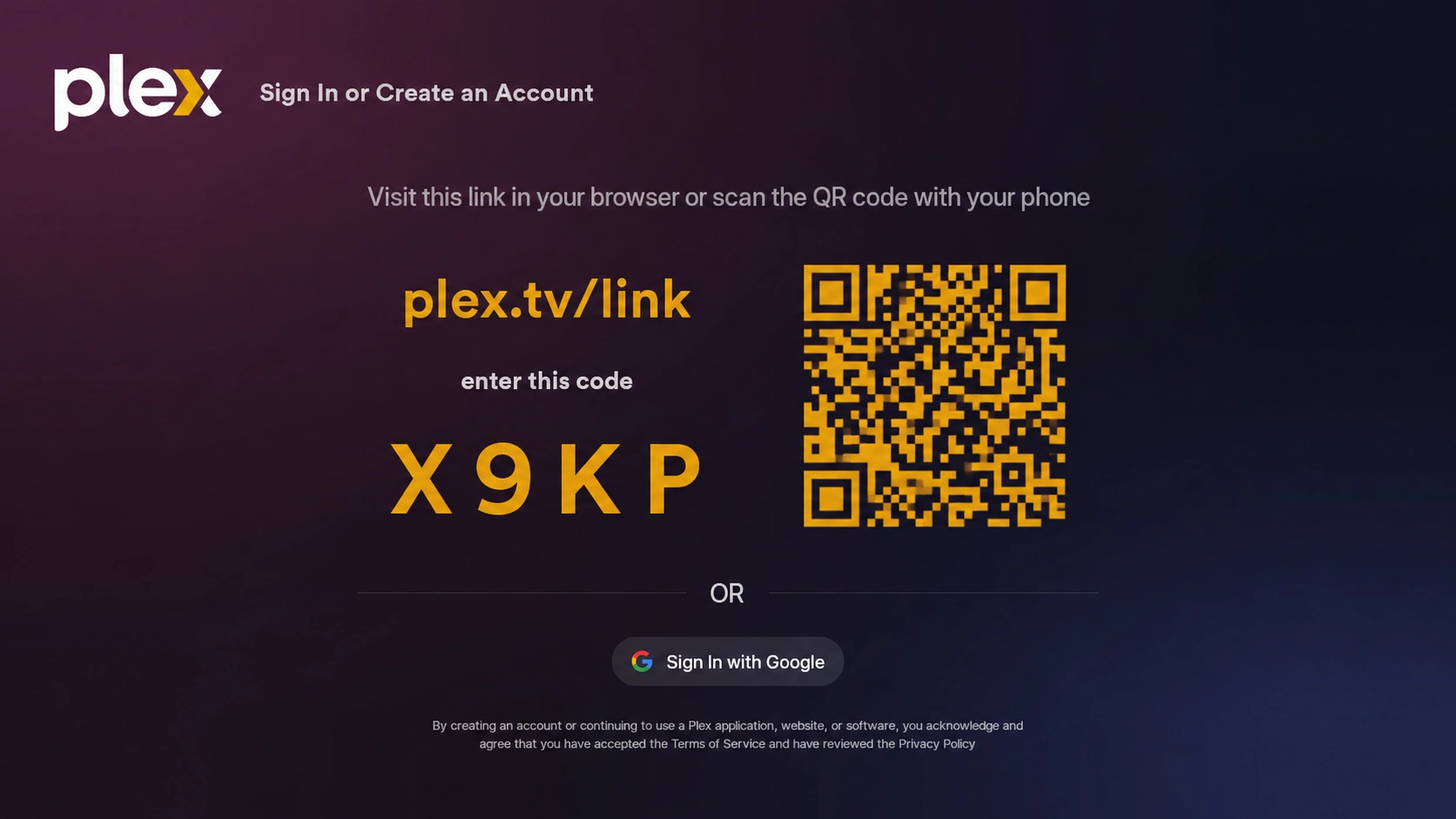 Plex TV link screen showing a four-character code