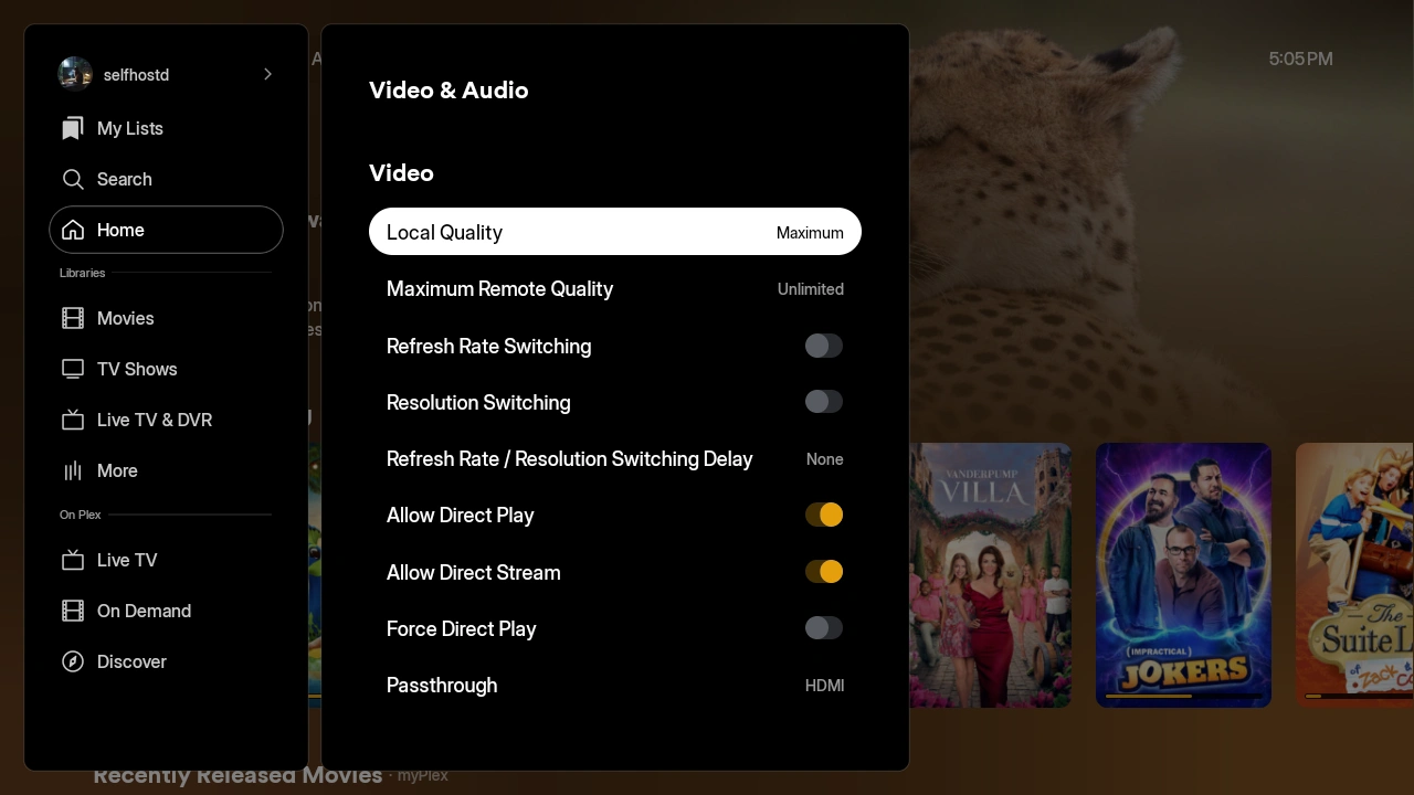 Plex home dashboard showing the navigation menu and media libraries